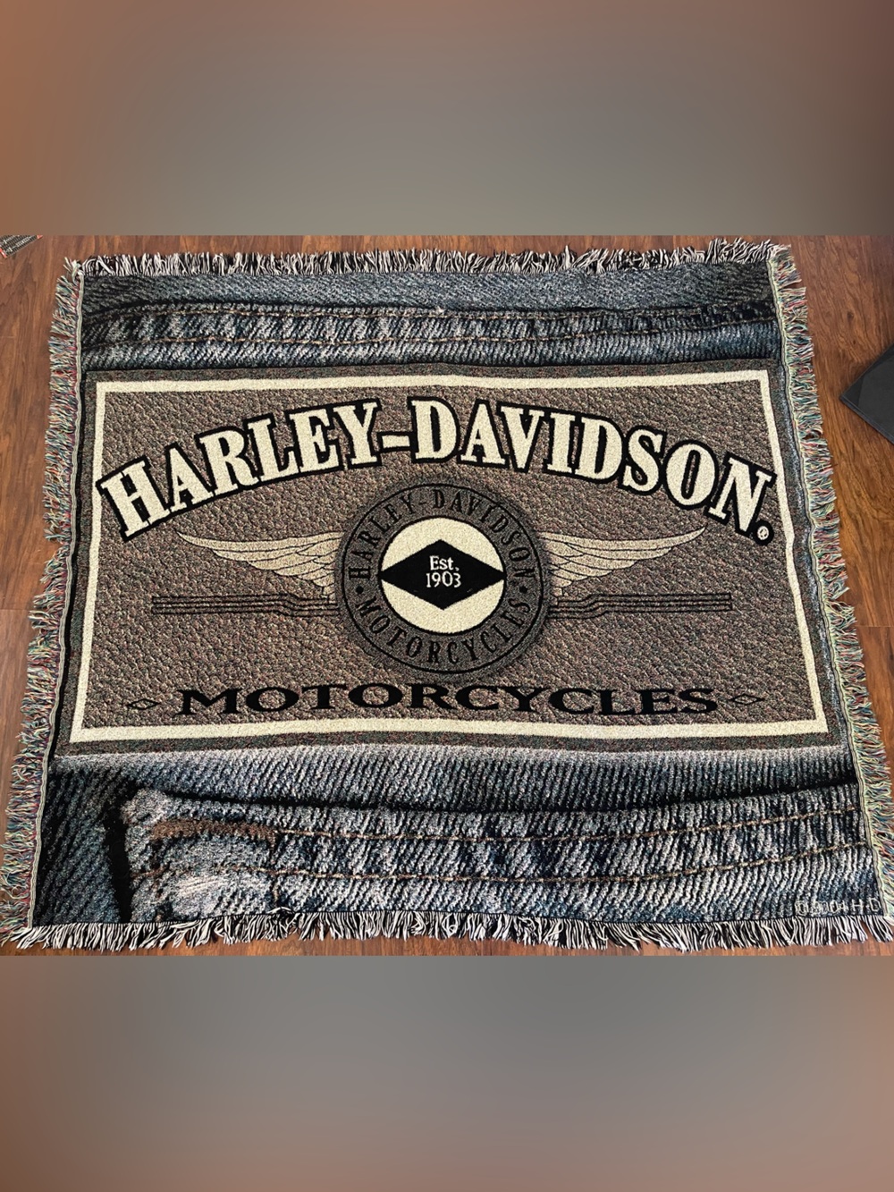 Harley Davidson Tapestry Woven Throw Blanket 2004 HD Logo Patch on Denim 48x54
